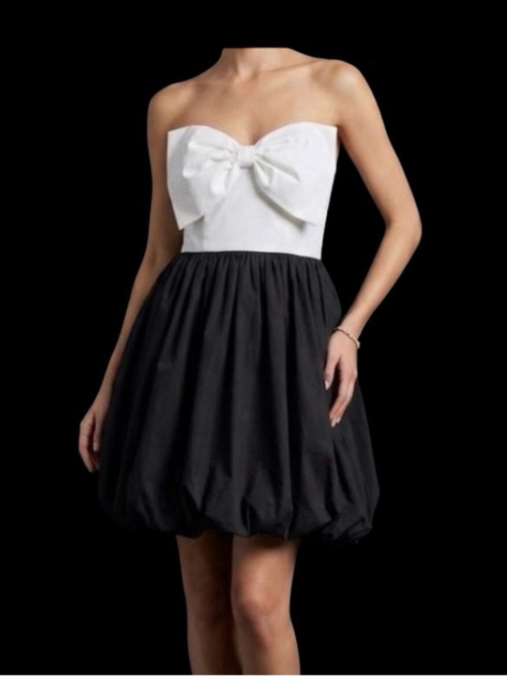 TCEC White and Black Strapless Bow Accent Bubble Mini Dress